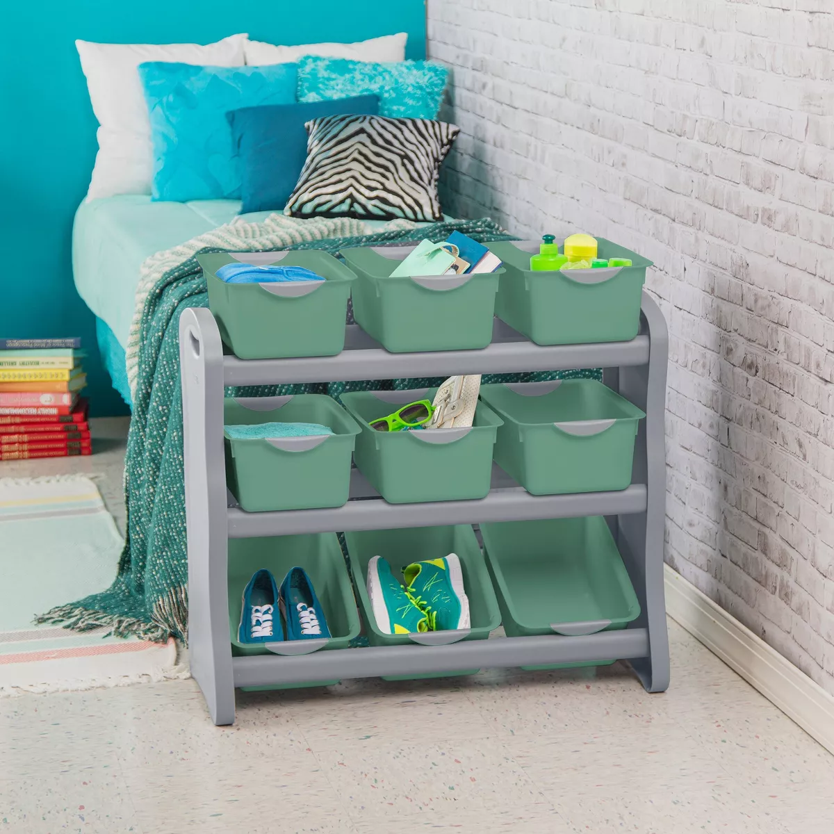 Sterilite 9 Bin Storage Rack with Handles Gray/Green