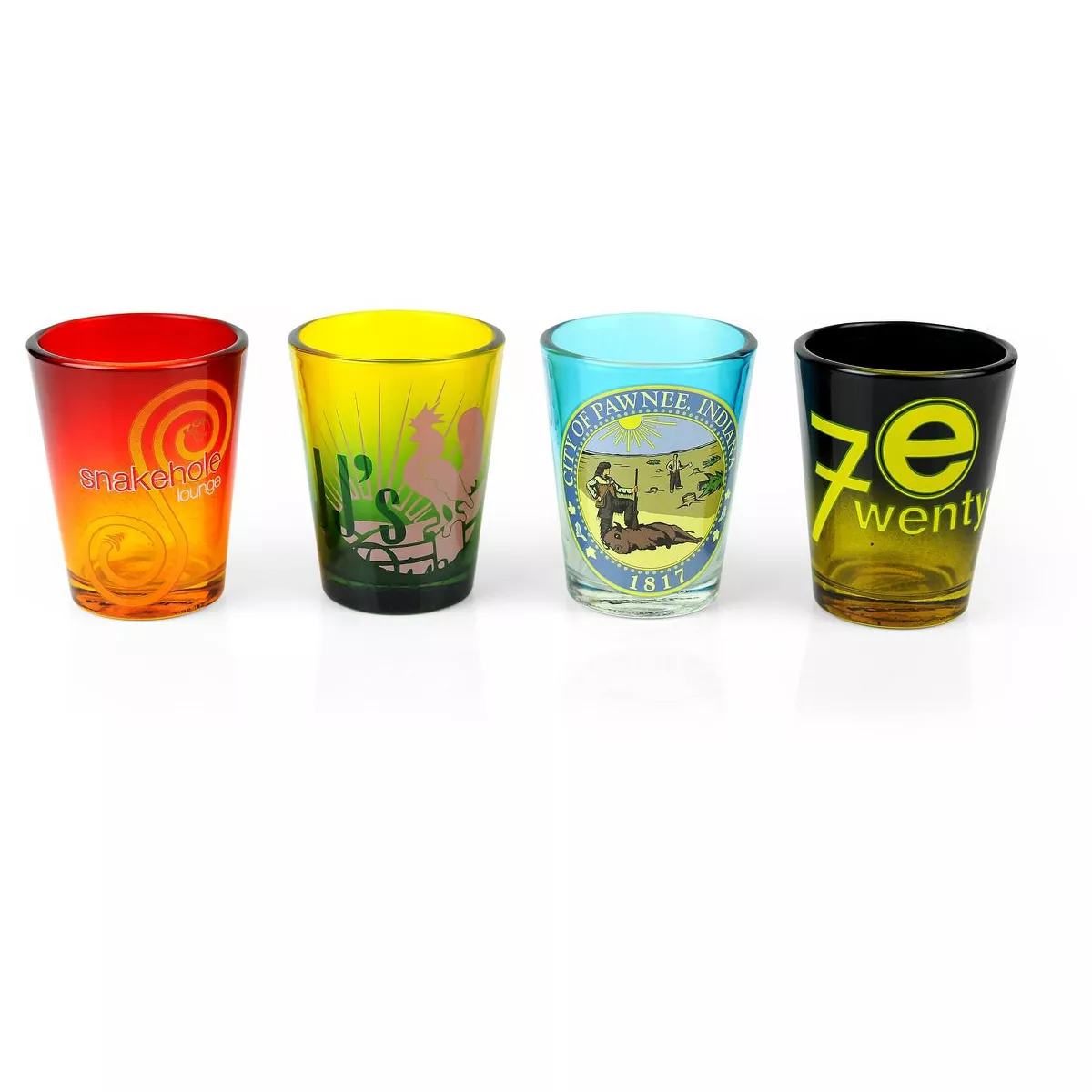 Surreal Entertainment Parks and Recreation Location Logos 4 Piece Shot Glass Set