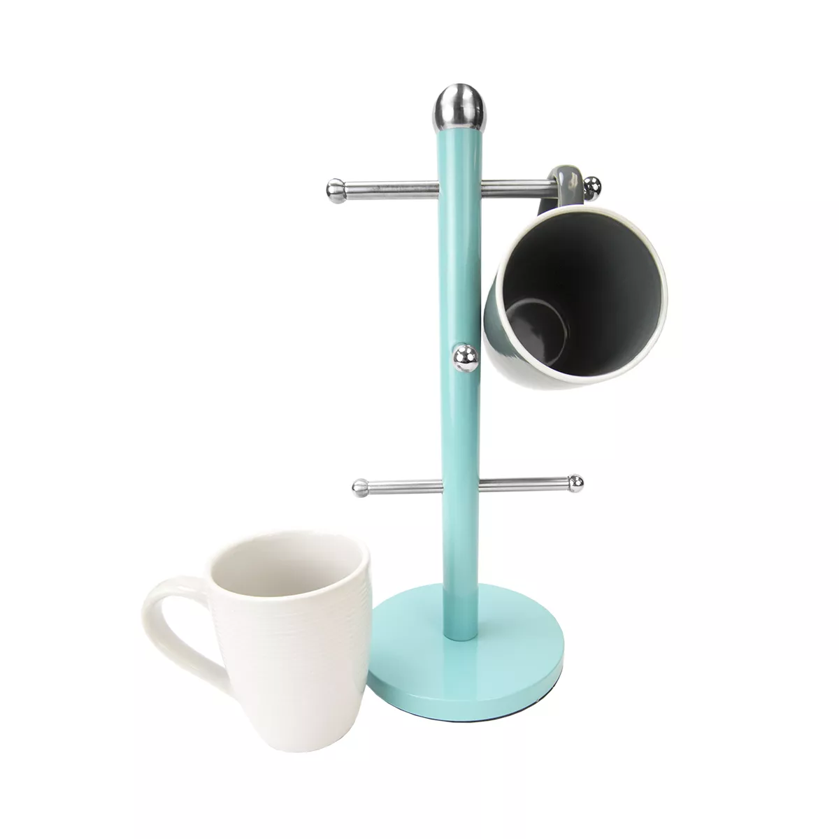 Home Basics Turquoise Collection 6 Cup Steel Mug Tree Holder Stand with Rounded Silver Ends