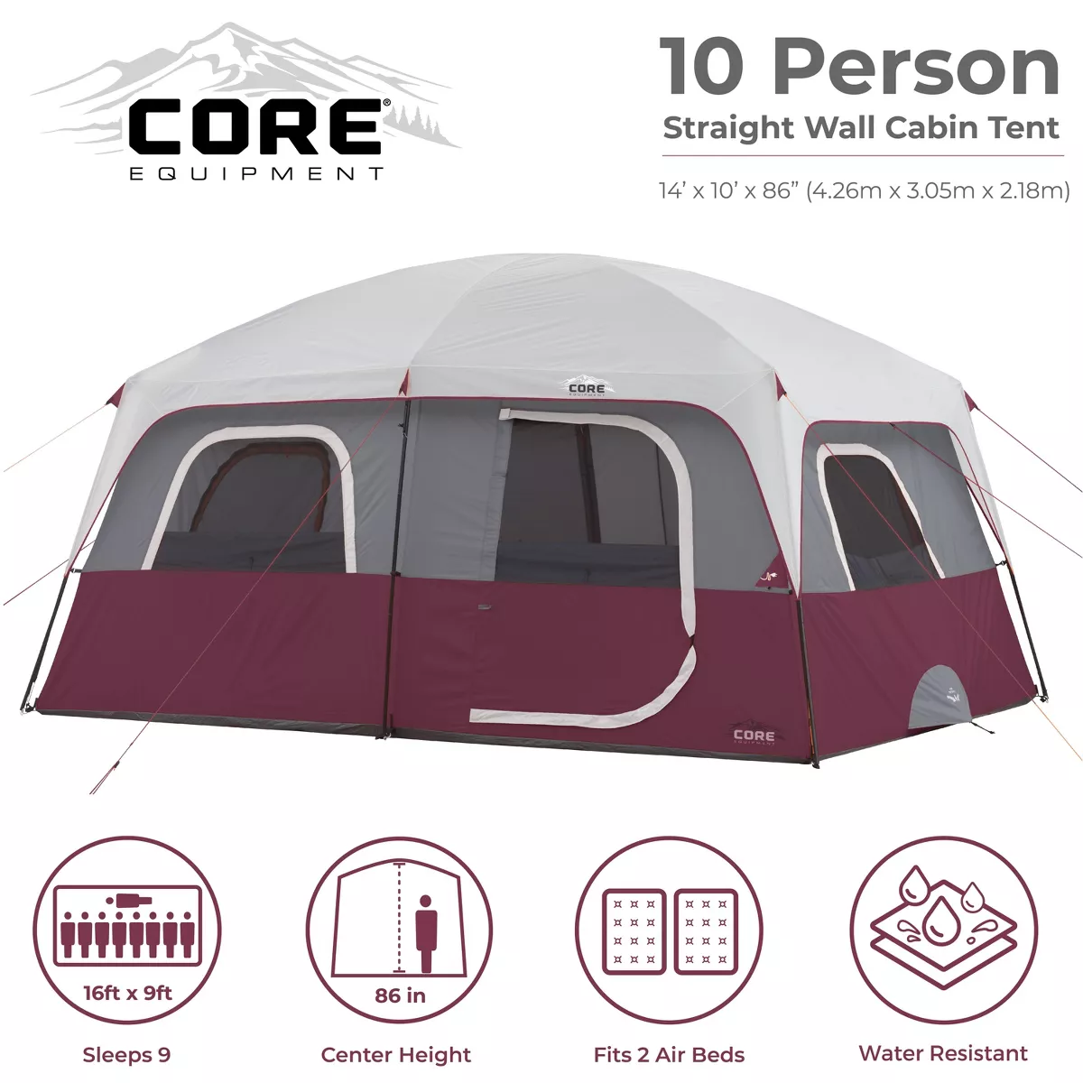 CORE Straight Wall 14 x 10 Foot 10 Person Cabin Tent with 2 Rooms & Rainfly, Red