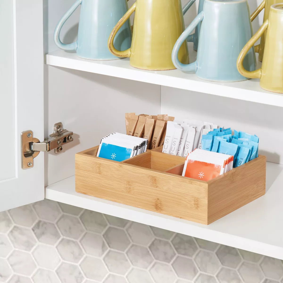 mDesign Bamboo Wood Tea & Food Organizer Bin - 6 Sections, 2 Pack - Natural
