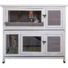Indoor Outdoor Wooden Pet Bunny Hutch House Cage for Rabbits and Guinea Pigs and Other Small Animals with Ramp and Anti Slip Ladder, White