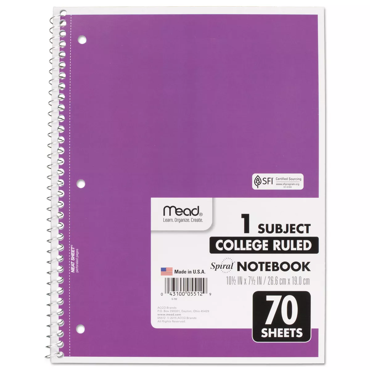 Mead Spiral Bound Notebook Perforated College Rule 10 1/2 x 8 White 70 Sheets 05512