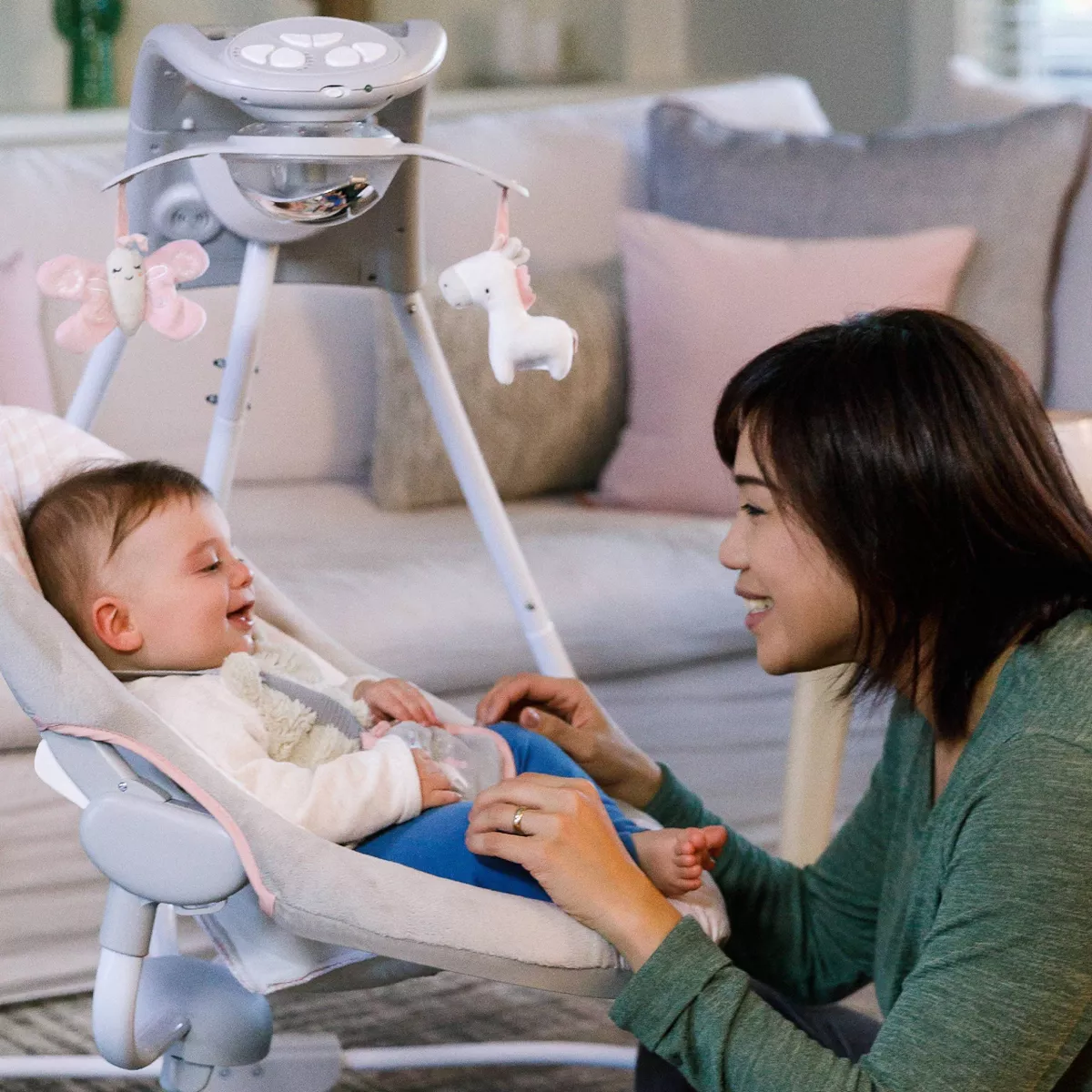 Ingenuity Inlighten Cradling Swing - Flora the Unicorn - Foldable Plug-in Swing