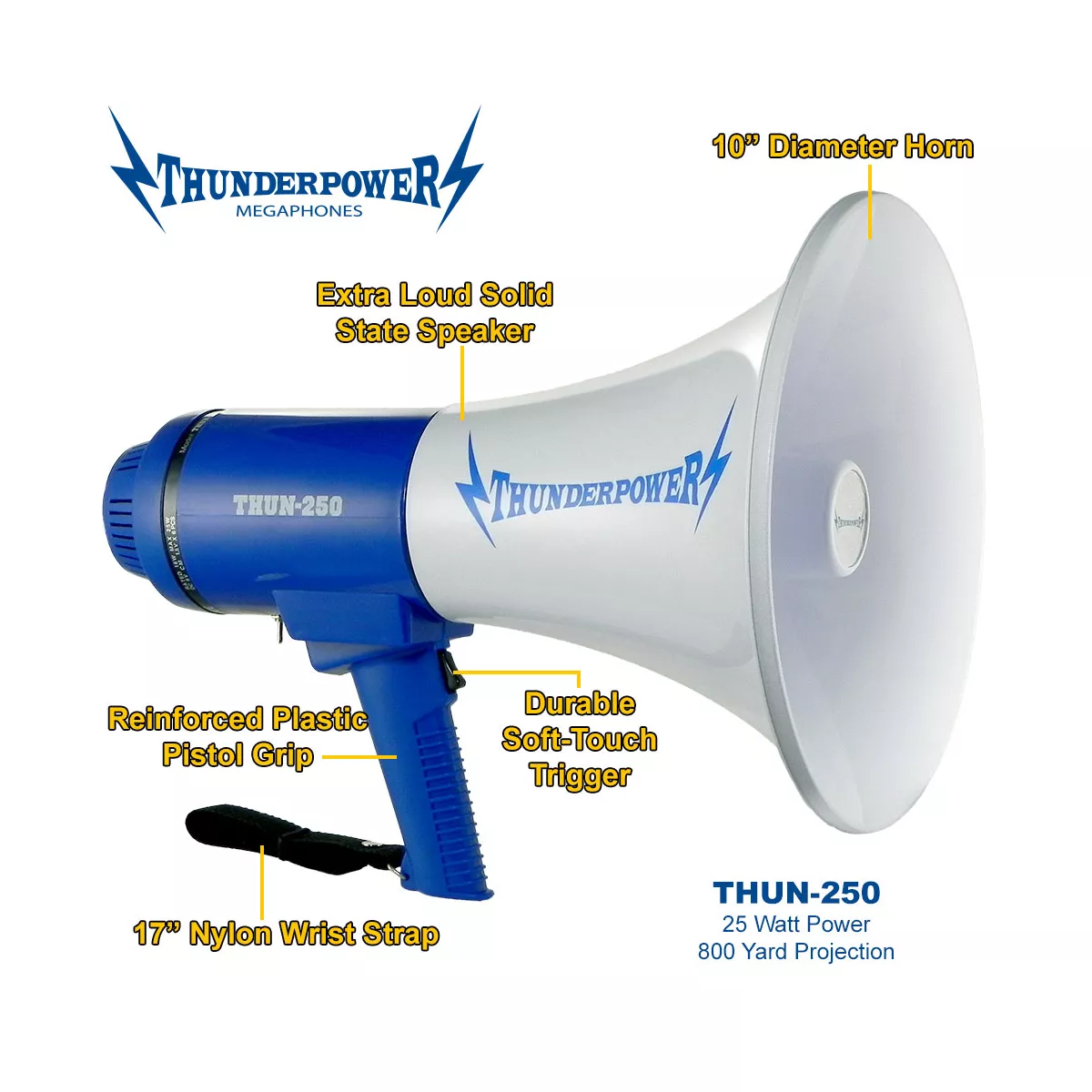 ThunderPower THUN250 800 Yard Sound Range 25 Watt Portable PA Bullhorn Megaphone Speaker with 3 Megaphone Modes, Blue