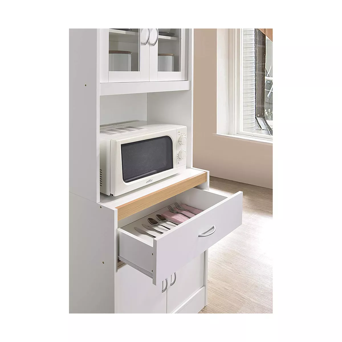 Hodedah Freestanding Kitchen Storage Cabinet w/ Open Space for Microwave, White