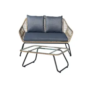 Lugano 2pc Rattan Wicker Outdoor Patio Loveseat & Coffee Table Set with Cushions - Natural/Gray - DUKAP