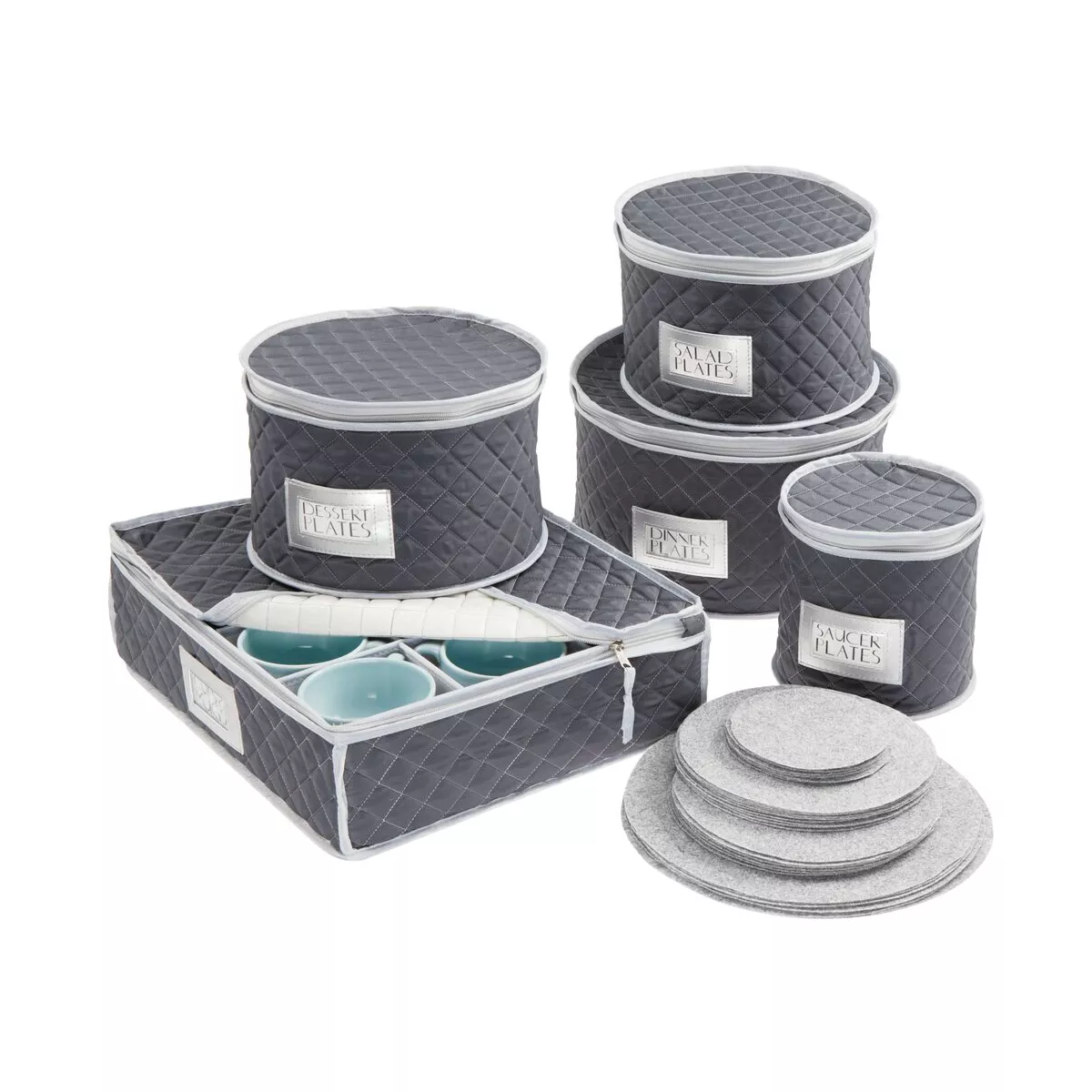 mDesign Quilted Protective Dinnerware Storage, 5 Piece Set - Navy Blue/Gray