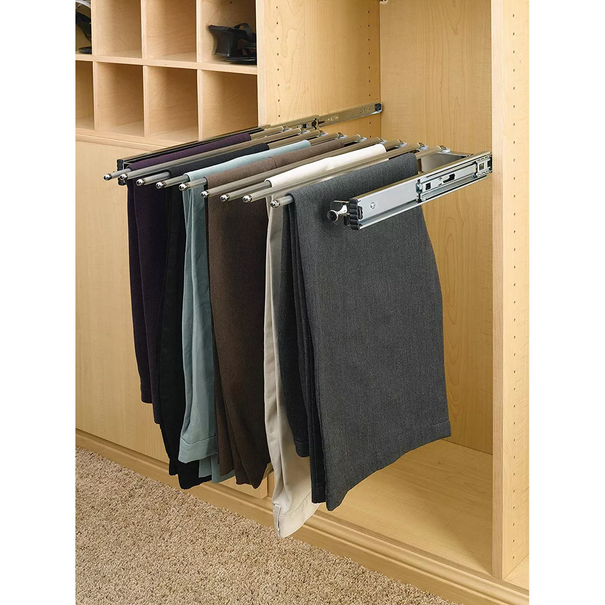 Rev-A-Shelf PSC-2414CR 24-inch Steel Closet Pullout Trouser Pants Rack Space Saving Storage Organizer for 13 Pairs of Pants, Chrome