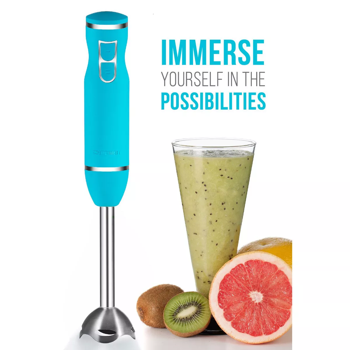 Chefman RJ19-RBR-S-TURQ Immersion 2 Speed Control Powerful Ice Crushing Handmixer/Blender with Stainless Steel Heavy Duty Blades, Turquoise