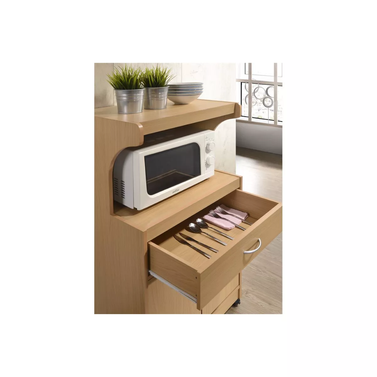 Microwave Kitchen Cart in Beech Brown - Hodedah