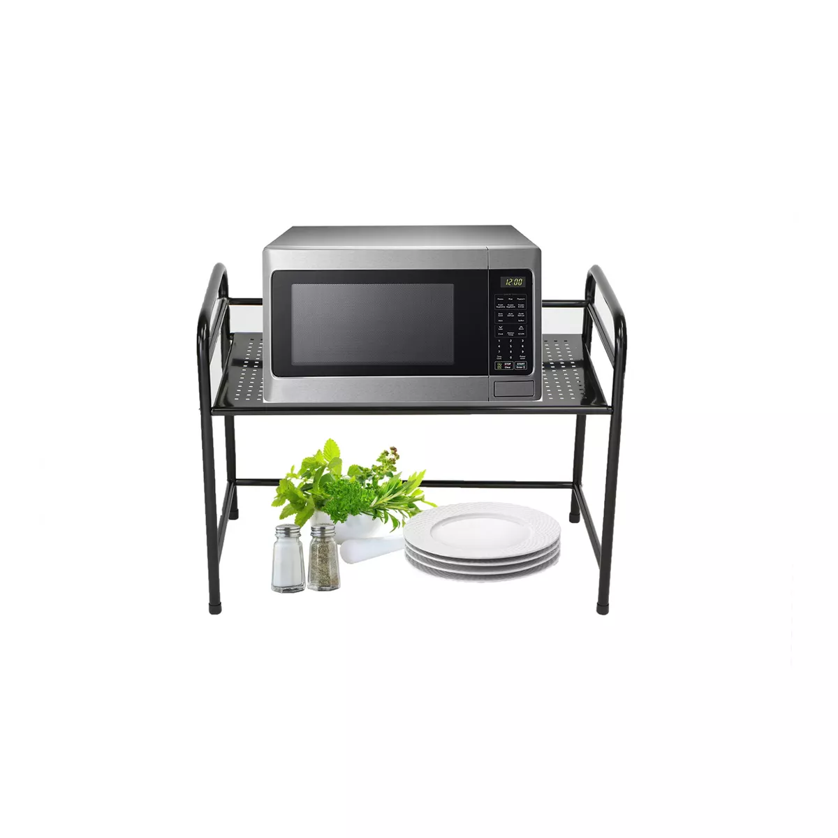 MIND READER Metal Rack Utility Shelf and Microwave Stand with Hooks on the Side (BLACK)
