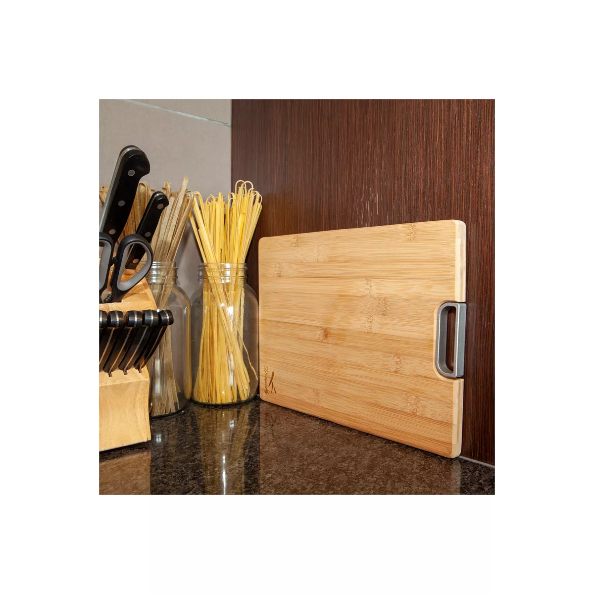 Pemberly Row Bamboo Large Chopping Board with Metal Handle in Natural