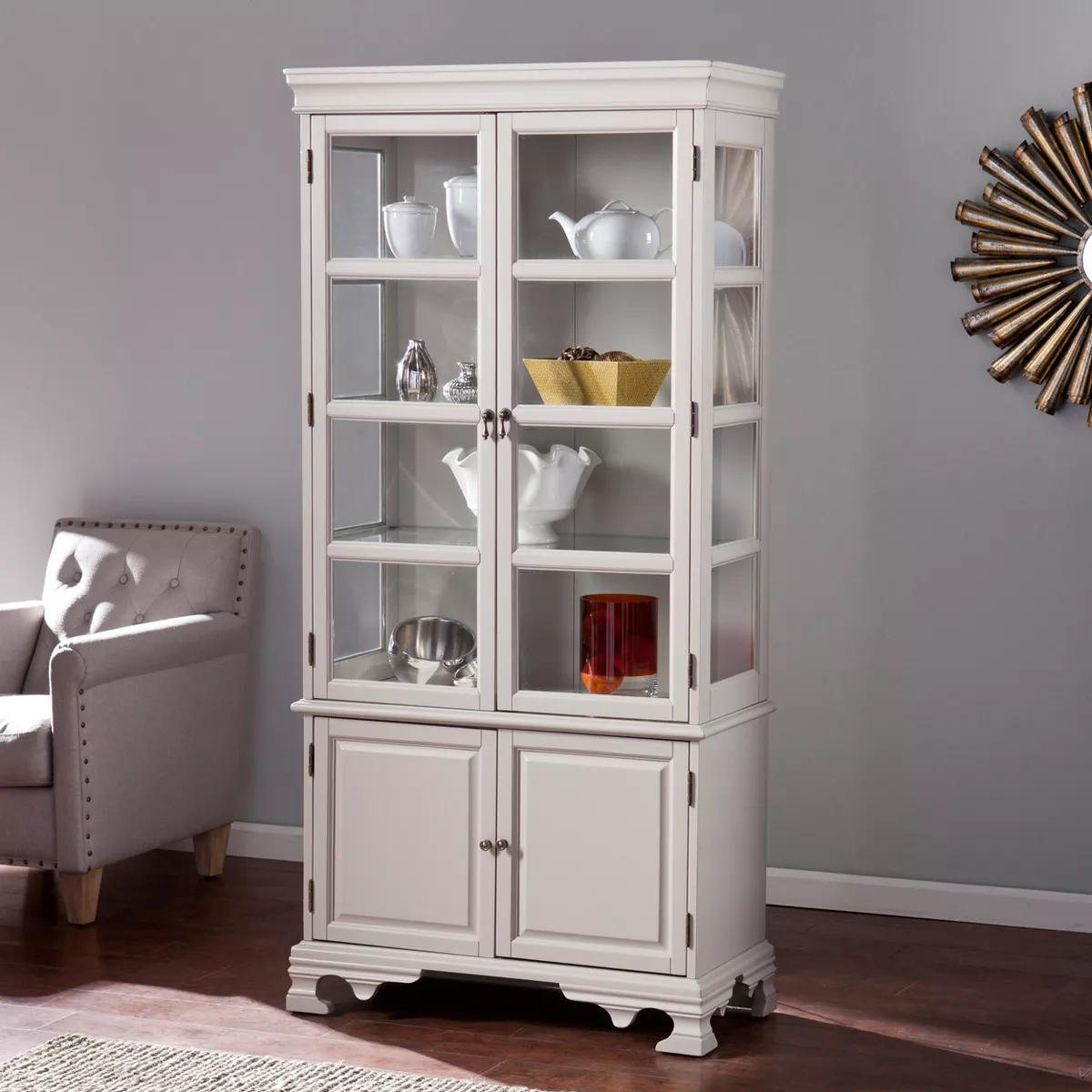 Morgan Farmhouse 6 Shelf Lighted Curio - Gray - Aiden Lane
