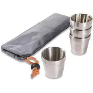 nCamp Basic 4 Pack 6 Oz Stainless Steel Stackable Cups Camping Set Bundle with Outdoor Camping Stove, Gas Adapter Hose and Espresso Style Coffee Maker