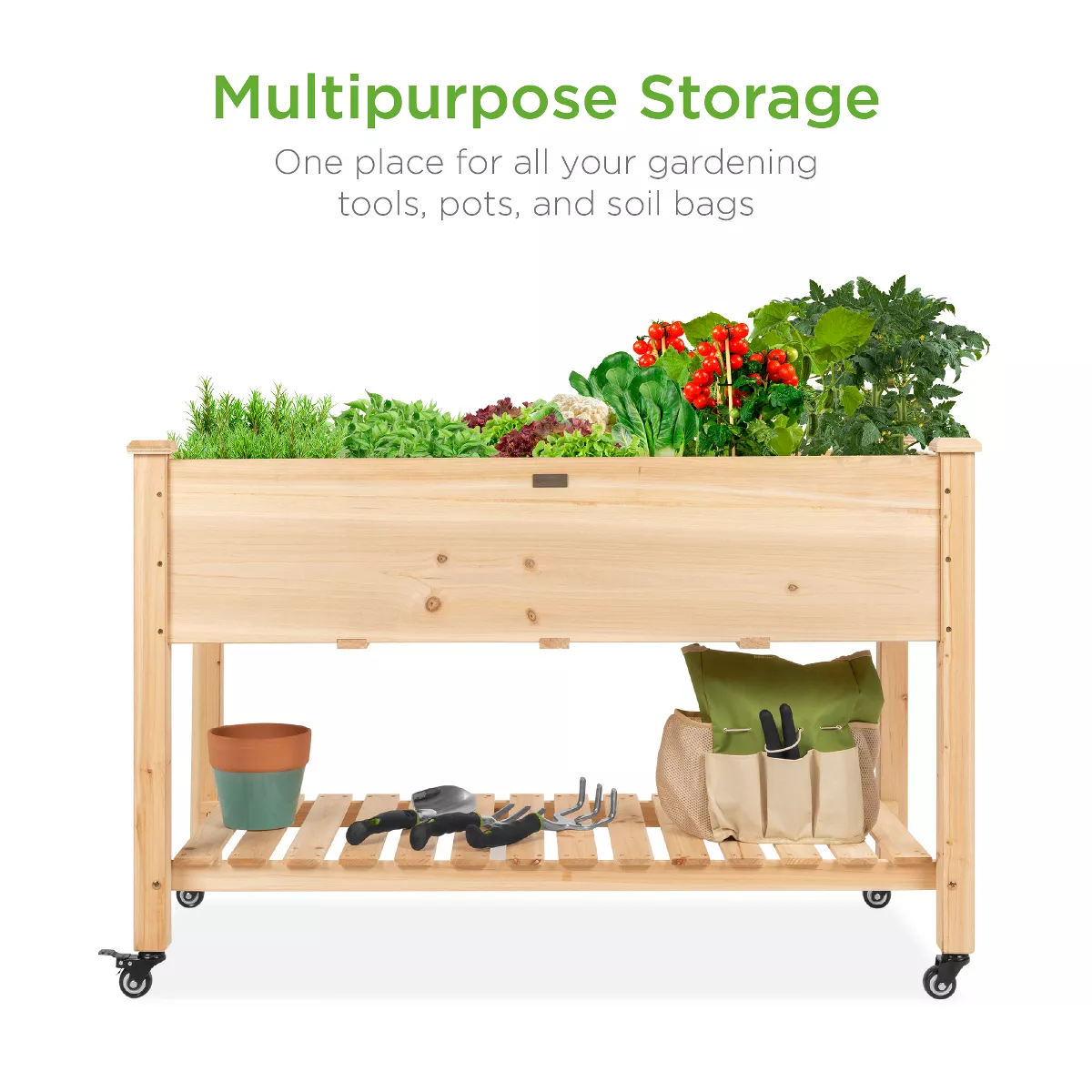 Best Choice Products Raised Garden Bed 48x24x32in Mobile Elevated Wood Planter w/ Lockable Wheels, Storage Shelf, Liner