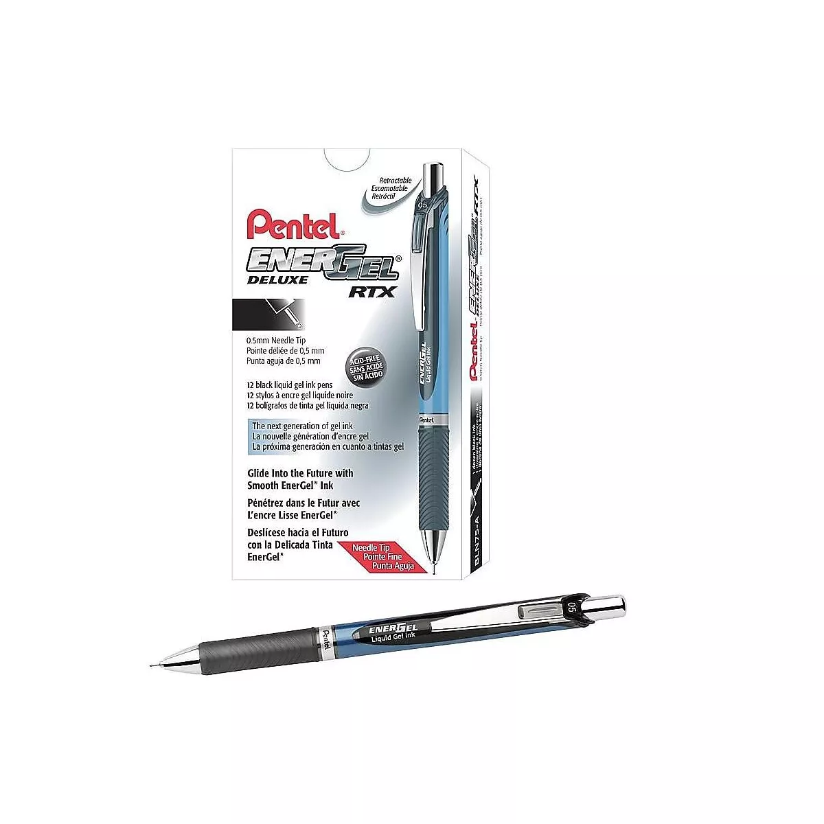 Pentel Gel Pen Retract/Refillable Needle Tip 0.5mm 12/BX BK Ink BLN75ABX