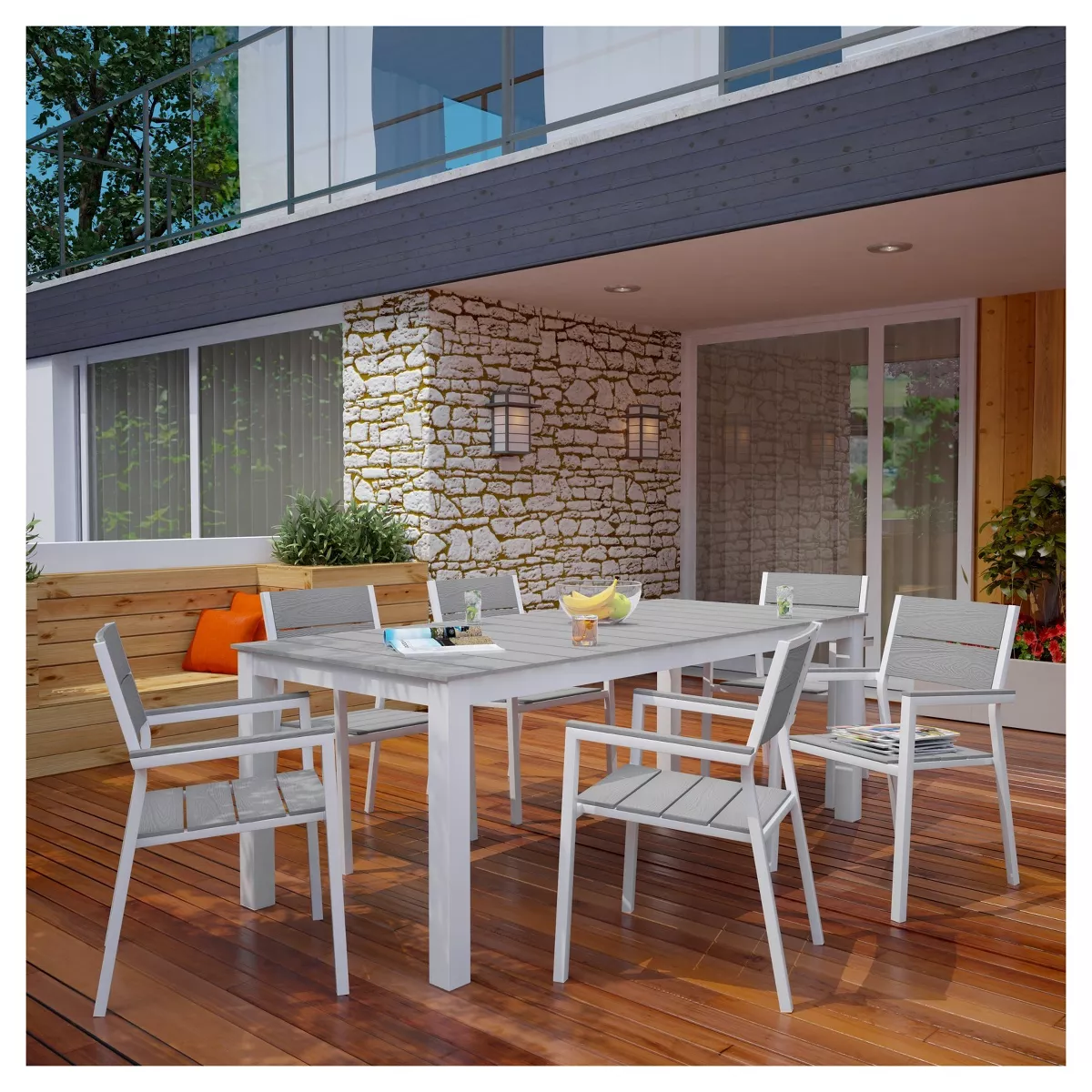 Maine 7pc Rectangle Metal Patio Dining Set - White/Light Gray - Modway