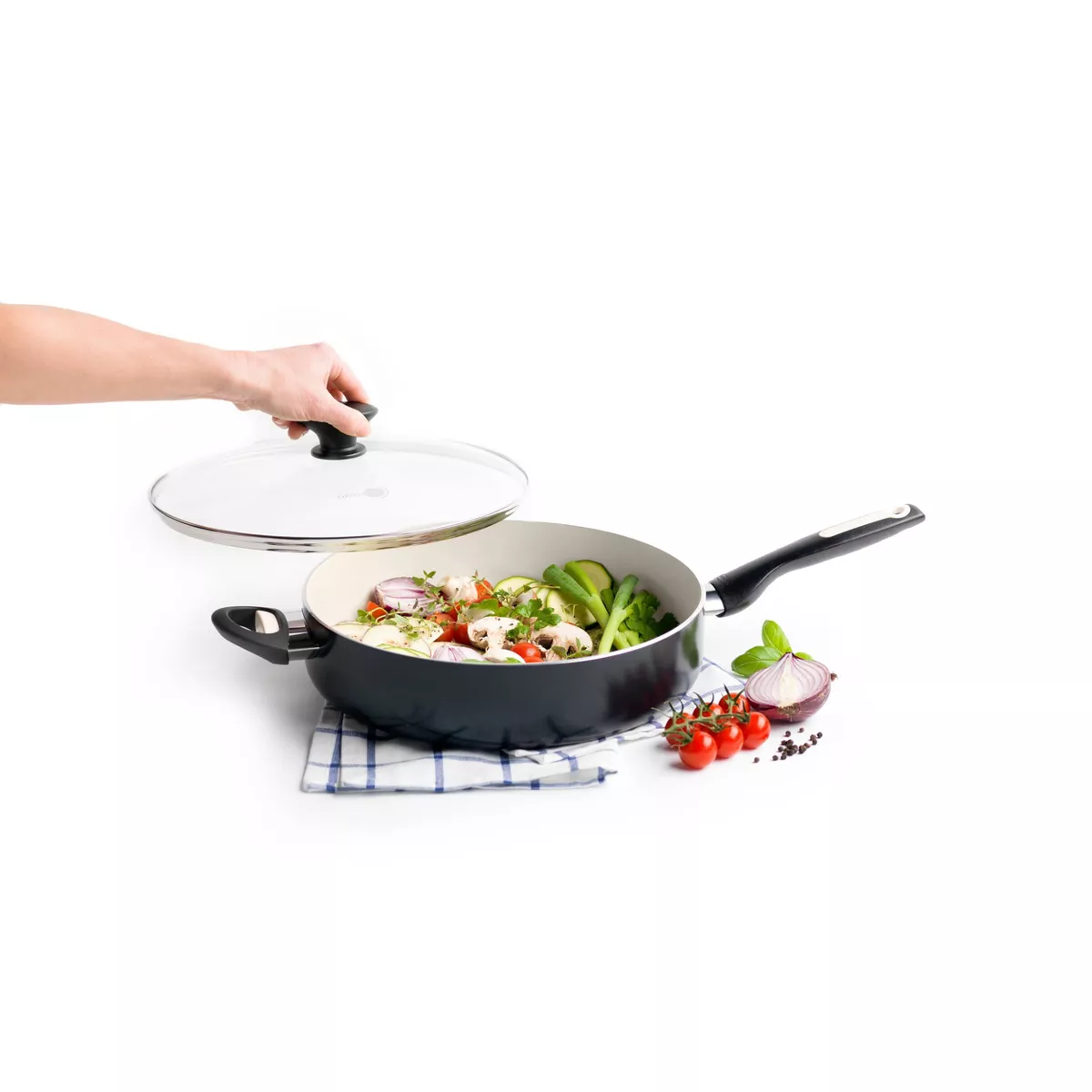 GreenPan Rio 5qt Ceramic Non-Stick Covered Saute Pan with Helper Handle Black