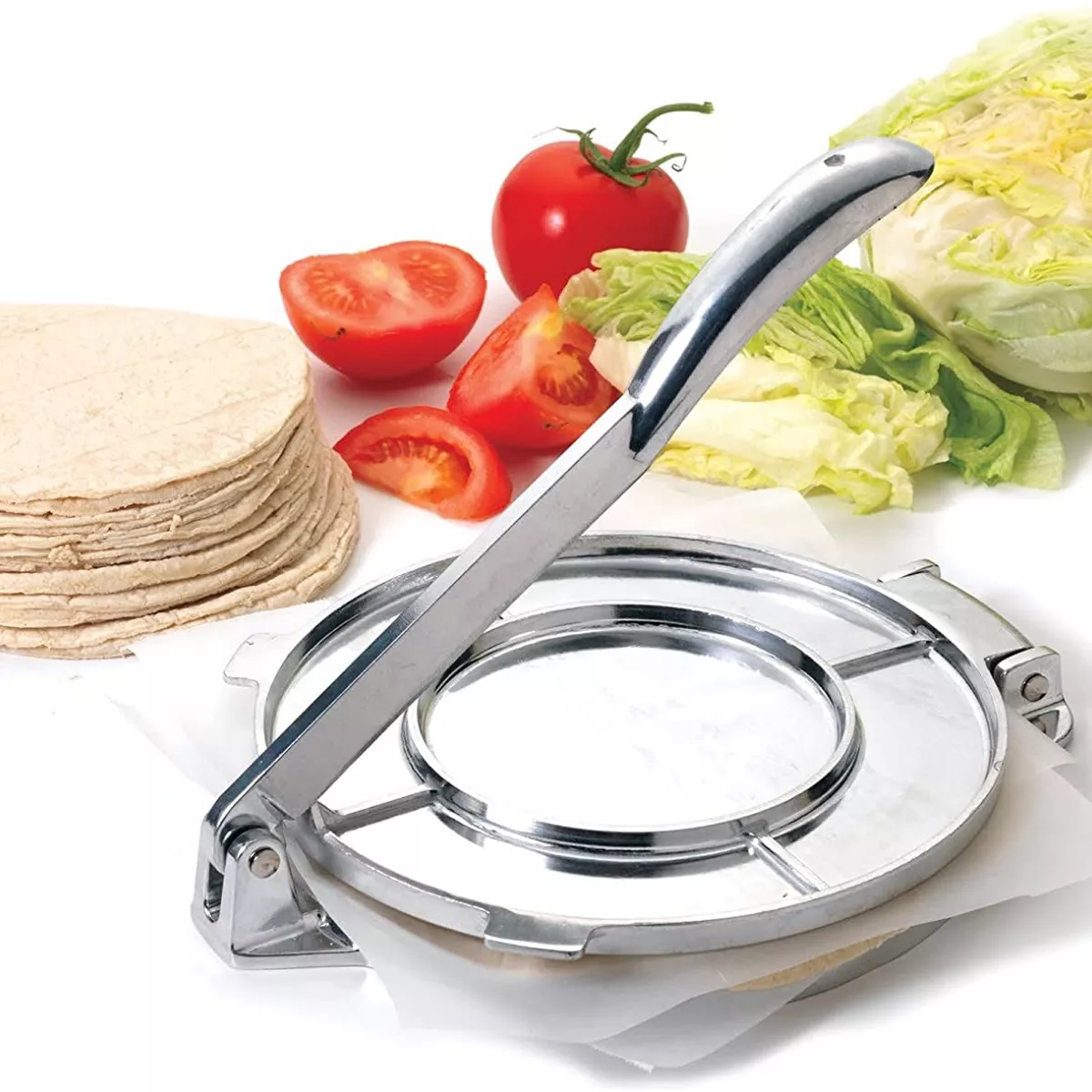 Norpro 8 Inch Round Cast Aluminum Kitchen Cooking Mexican Cuisine Flour Corn Tortilla Masa Dough Press Flattener, Silver