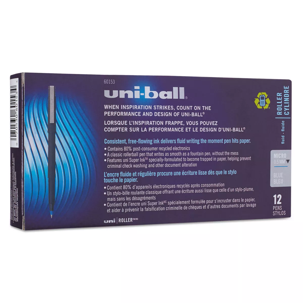 uni-ball Roller Ball Stick Dye-Based Pen Blue Ink Micro Dozen 60153