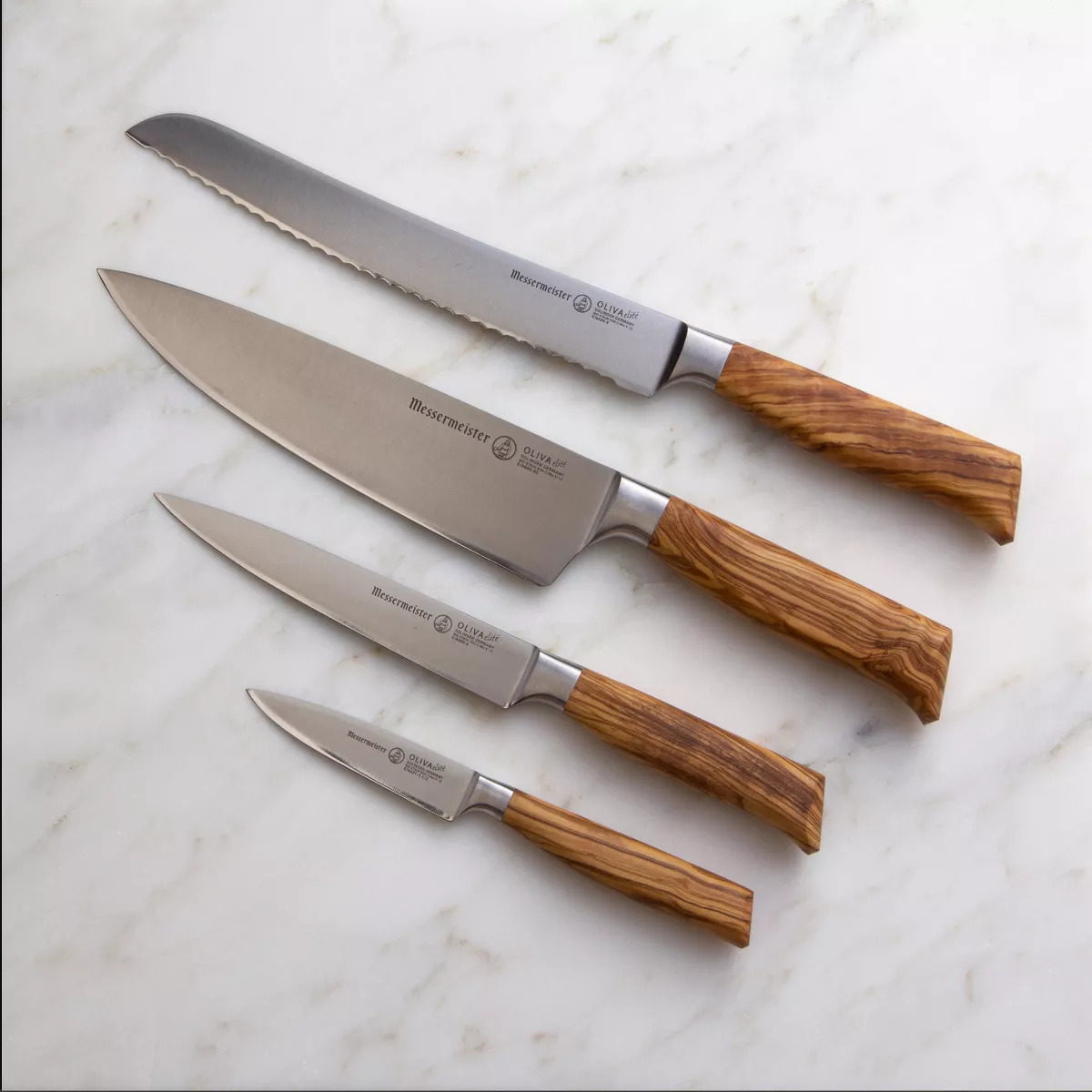 Messermeister Oliva Elite Professional 4 Piece German 8 Inch Chef, 6 Inch Utility, Bread Knife, and 3.5 Inch Parer Multi Purpose Kitchen Knife Set