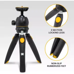 KODAK PhotoGear Mini Adjustable Tripod with Remote, 360° Ball Head, Compact 9” Tabletop Tripod,11” Selfie Stick, 5-Position Legs, Rubber Feet, Smartphone & Action Camera Adapters, E-Guide Included