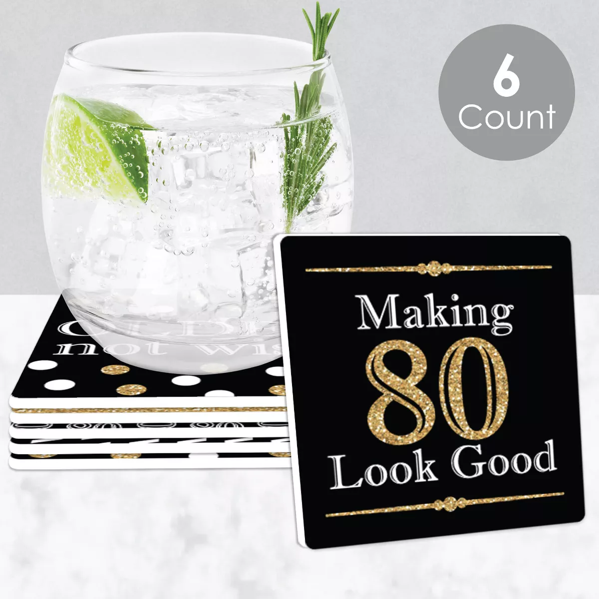 Big Dot of Happiness Adult 80th Birthday - Gold - Funny Birthday Party Decorations - Drink Coasters - Set of 6