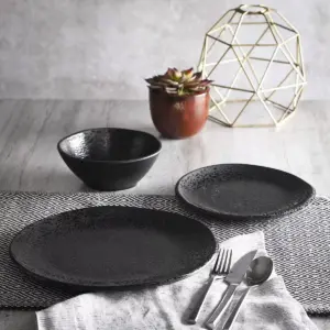 Gibson Home Yoko Elegant 12-Piece Durable Chip Resistant Melamine Dinnerware Set with 4 Dinner Plates, 4 Dessert Plates, and 4 Bowls, Matte Black