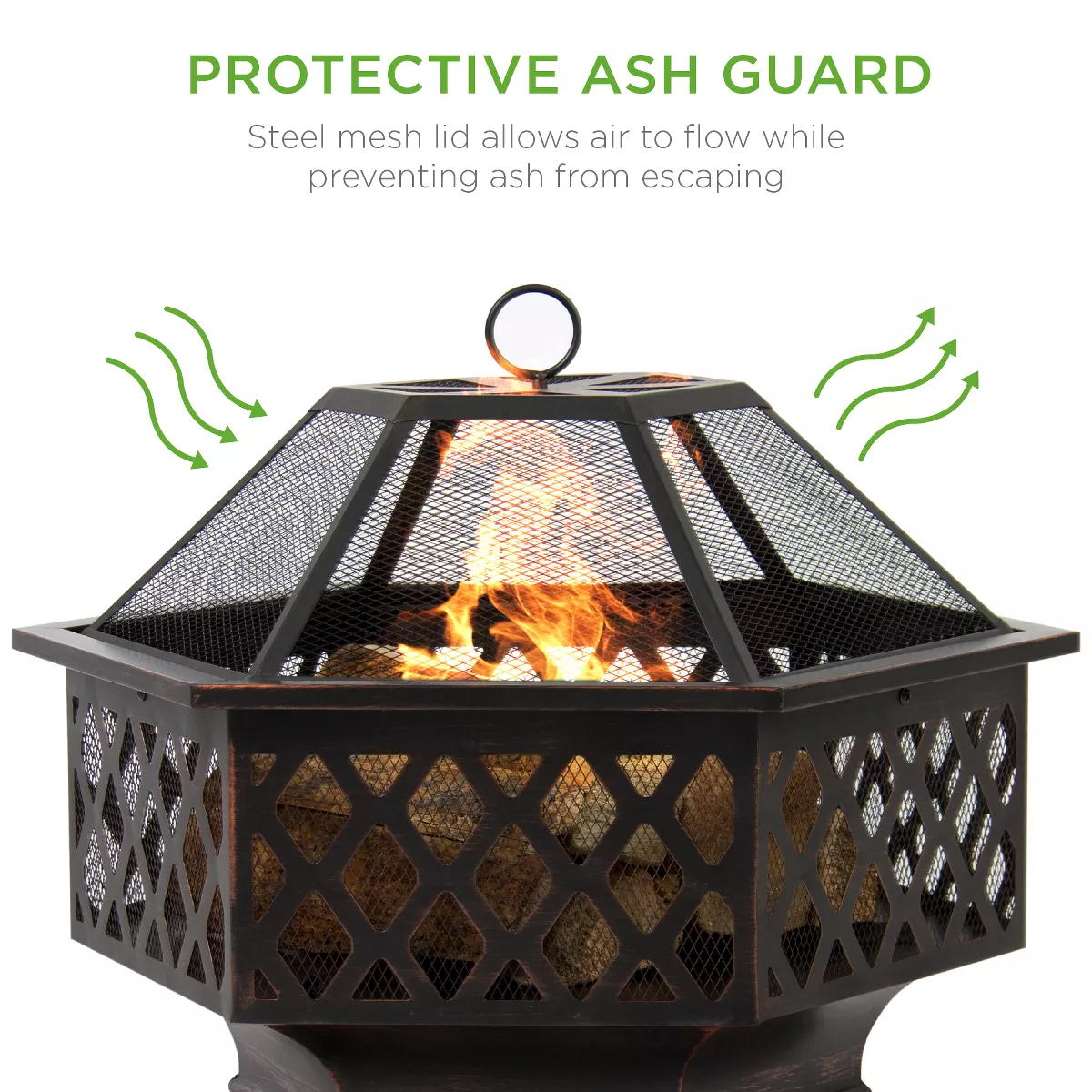Best Choice Products 24in Hex-Shaped Steel Fire Pit for Garden, Backyard, Poolside w/ Flame-Retardant Mesh Lid
