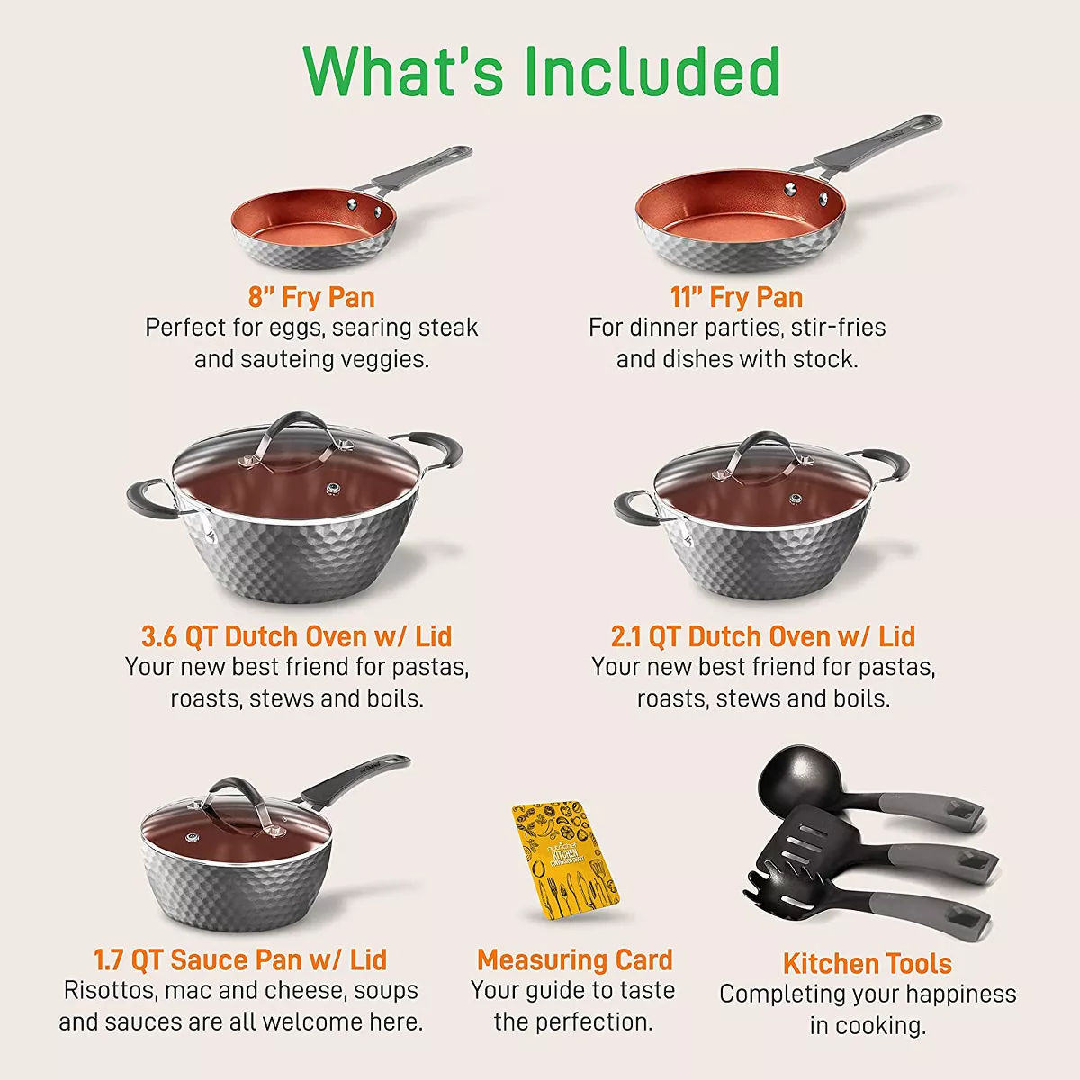 NutriChef NCCW11GD 11 Piece Nonstick Ceramic Coating Diamond Pattern Kitchen Cookware Pots and Pan Set with Lids and Utensils, Gray