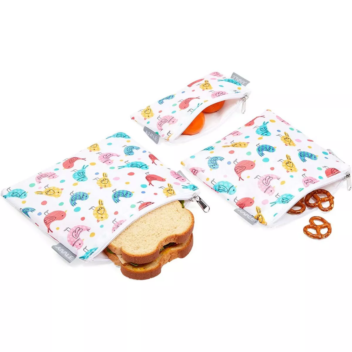 Juvale 5 Pack Resealable Plastic Bags, Colorful Bird Reusable Snack Bags with Zipper (3 Sizes)