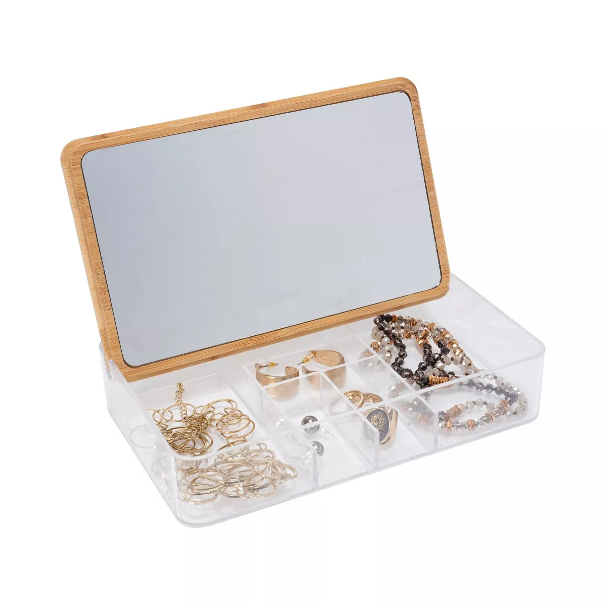 Simplify 5 Compartment Large Organizer with Bamboo Lid and Mirror Clear