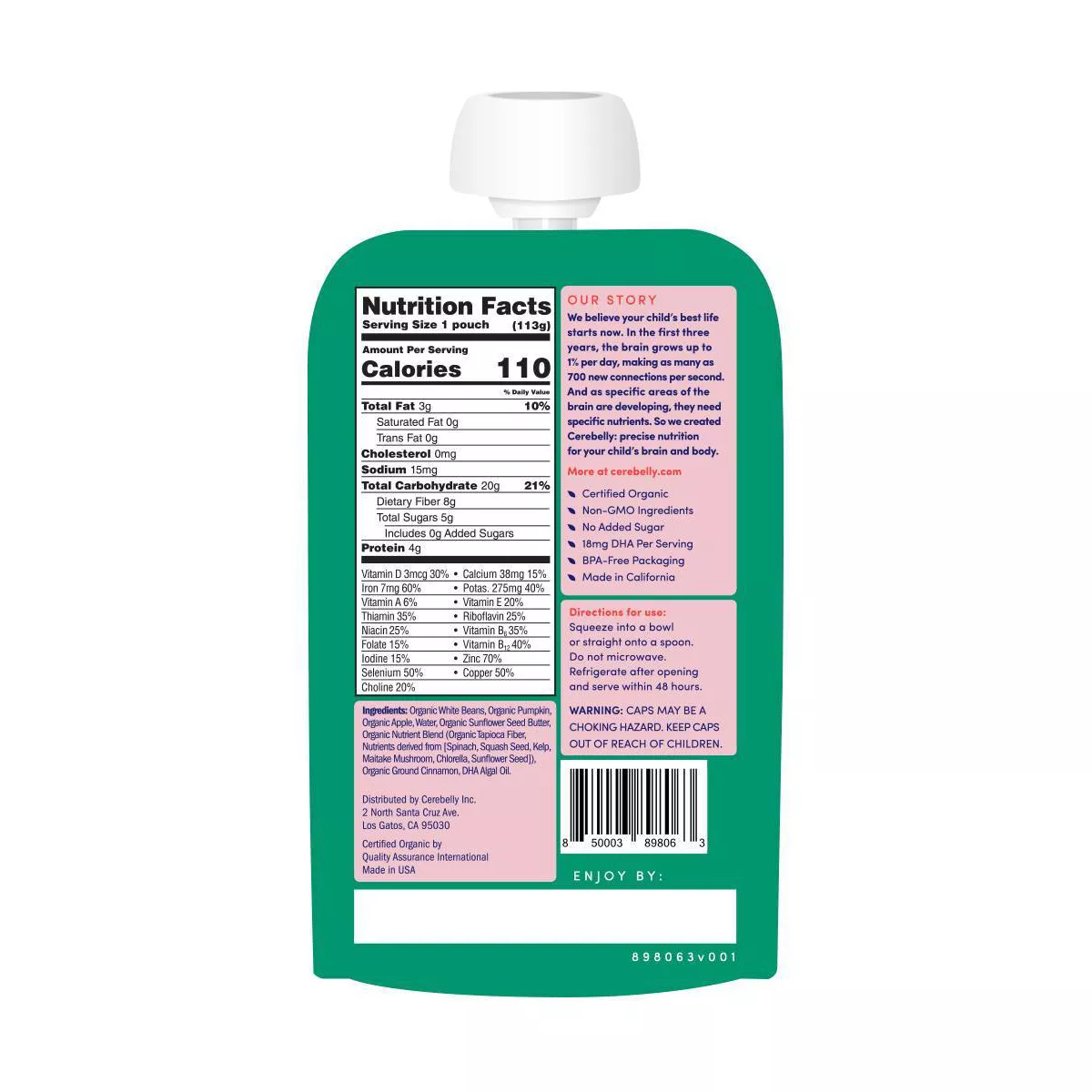 Cerebelly Clean Label Project Purity Award Winning, White Bean Pumpkin Apple Organic Baby Food Pouch - 4oz