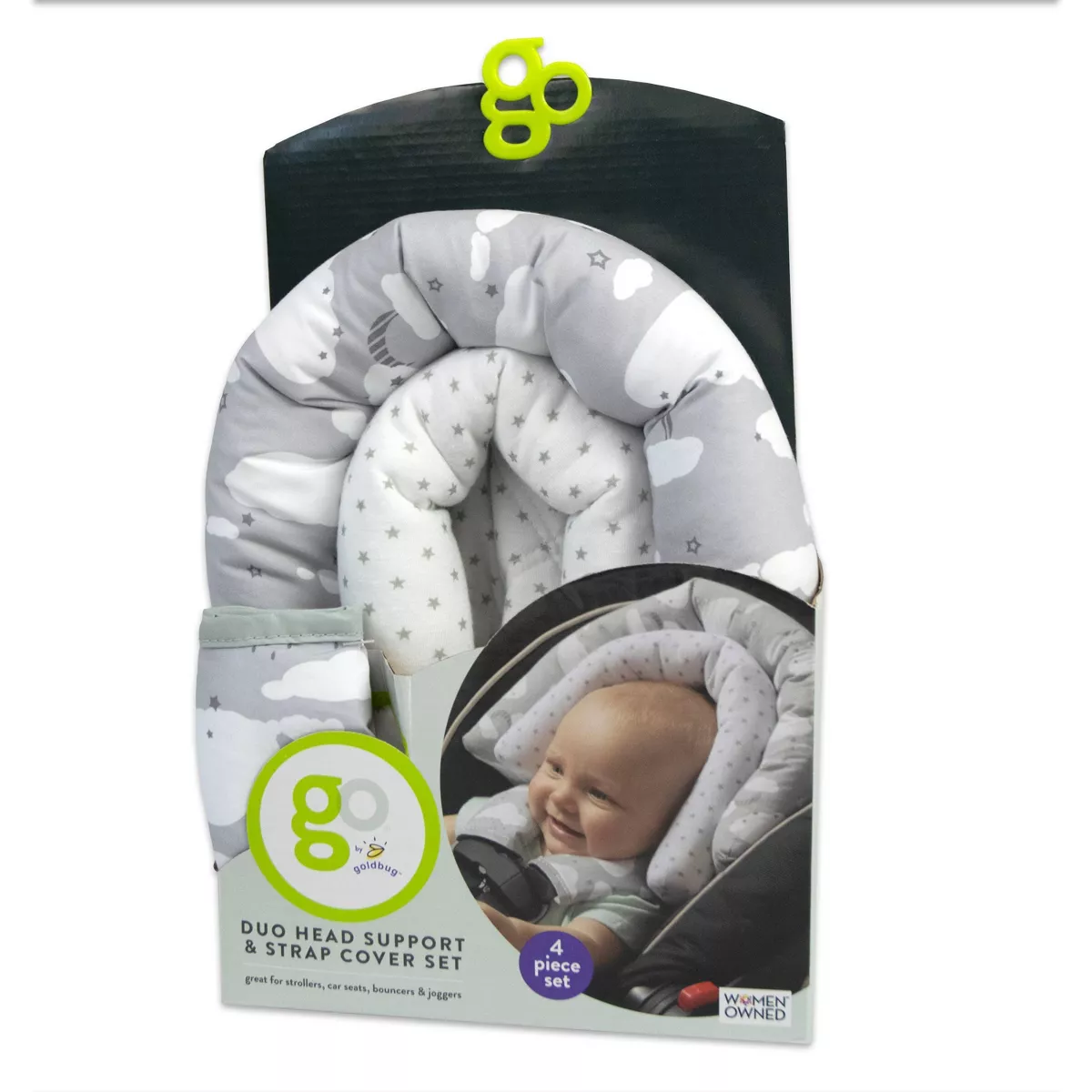 GO By Goldbug Clouds Duo Head Support And Strap Cover Set For Car Seat, Stroller, Bouncer