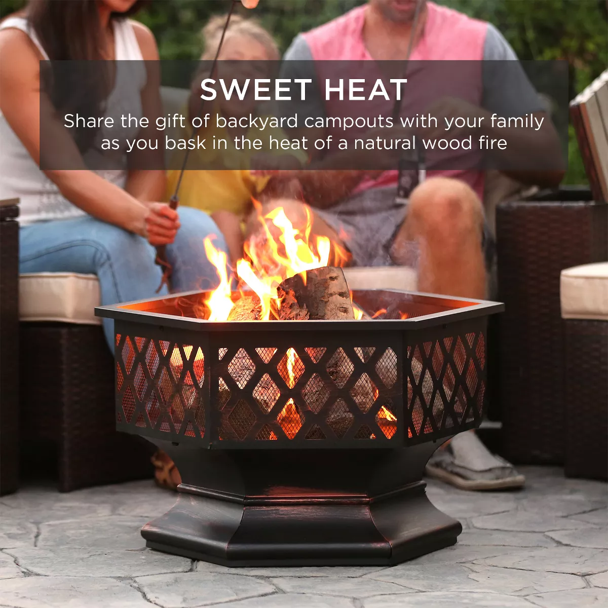 Best Choice Products 24in Hex-Shaped Steel Fire Pit for Garden, Backyard, Poolside w/ Flame-Retardant Mesh Lid
