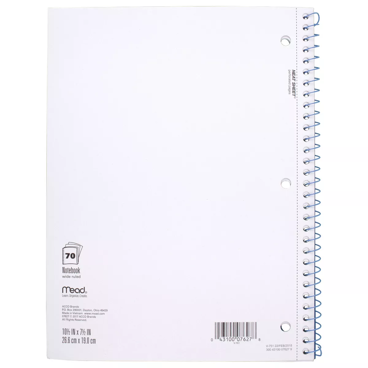 Mead 1 Subject Wide Ruled Spiral Notebook Blue