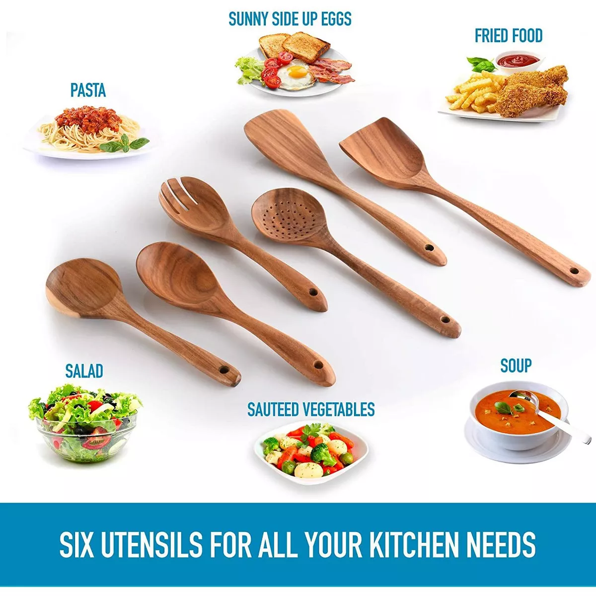 Zulay Kitchen (6 Pc Set) Teak Wooden Cooking Spoon Sets in Smooth Finish