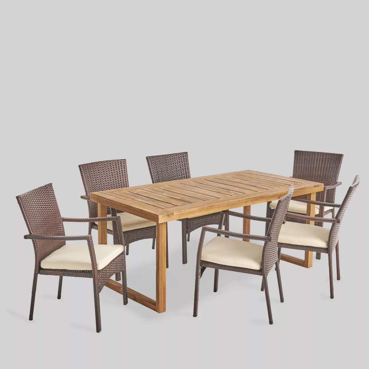 Garner 7pc Acacia Wood & Wicker Patio Dining Set - Brown - Christopher Knight Home