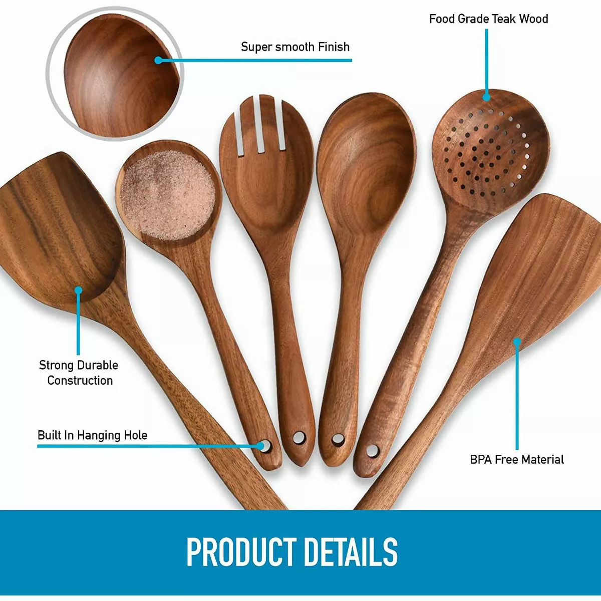 Zulay Kitchen (6 Pc Set) Teak Wooden Cooking Spoon Sets in Smooth Finish