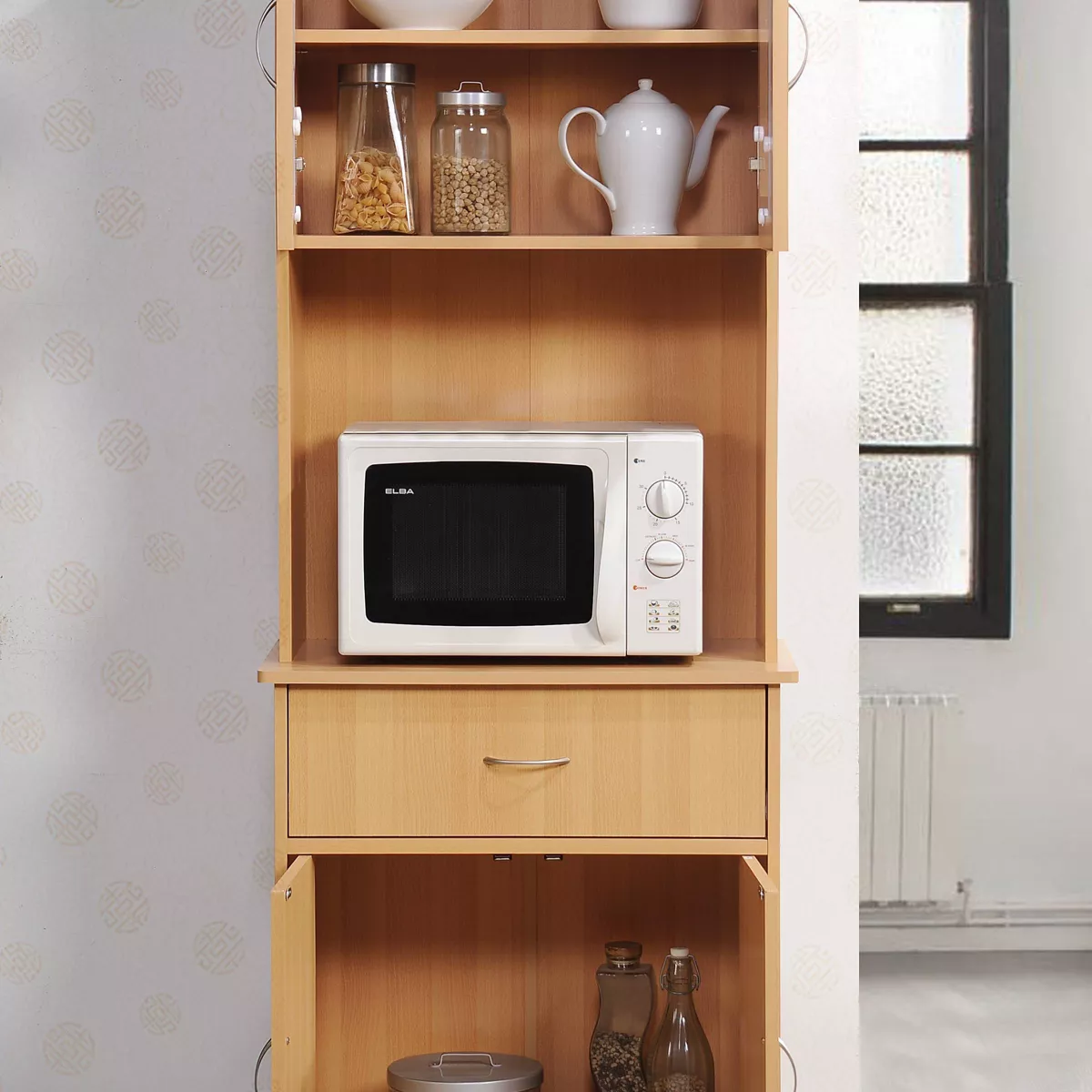 Kitchen Cabinet with Top and Bottom Compartment Pale Cream - Hodedah