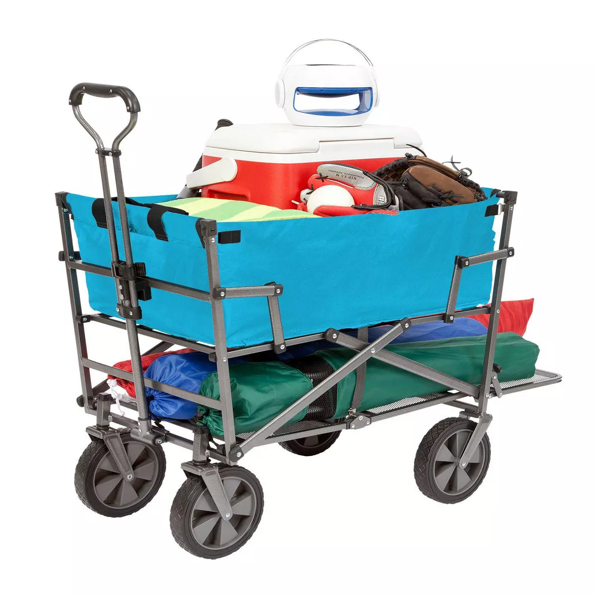 Mac Sports Double Decker Heavy Duty Steel Frame Collapsible Outdoor 150 Pound Capacity Yard Cart Utility Garden Wagon with Lower Storage Shelf, Blue