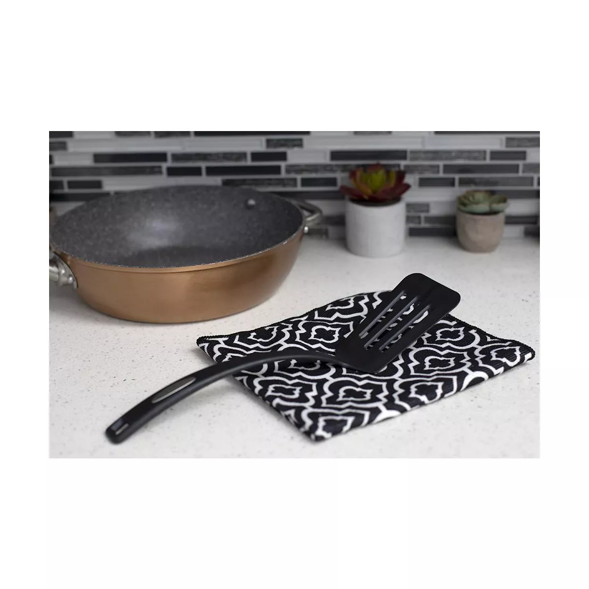 Home Basics Flexible Nylon Non-Stick Slotted Spatula with Curved Handle, Black