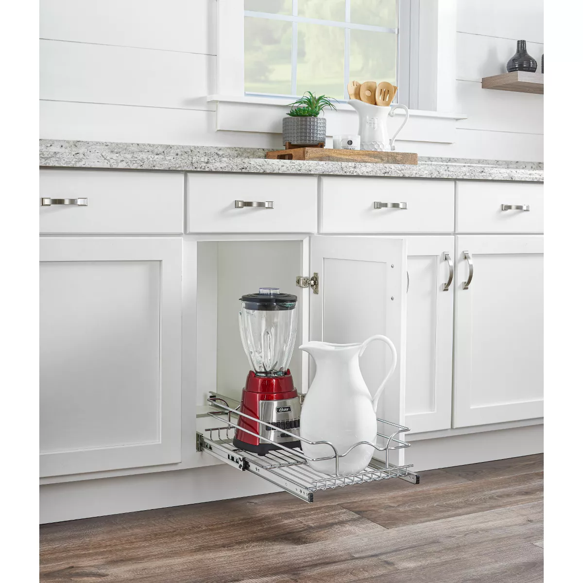 Rev-A-Shelf 5WB1-0918CR-1 9 Inch Width x 18 Inch Depth Single Wire Basket Pull Out Shelf Storage Organizer for Kitchen Base Cabinets, Silver