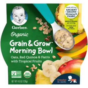 Gerber Organic Grain & Grow Morning Bowl Oats Quinoa Farro Tropical Fruits Baby Meals - 4.5oz