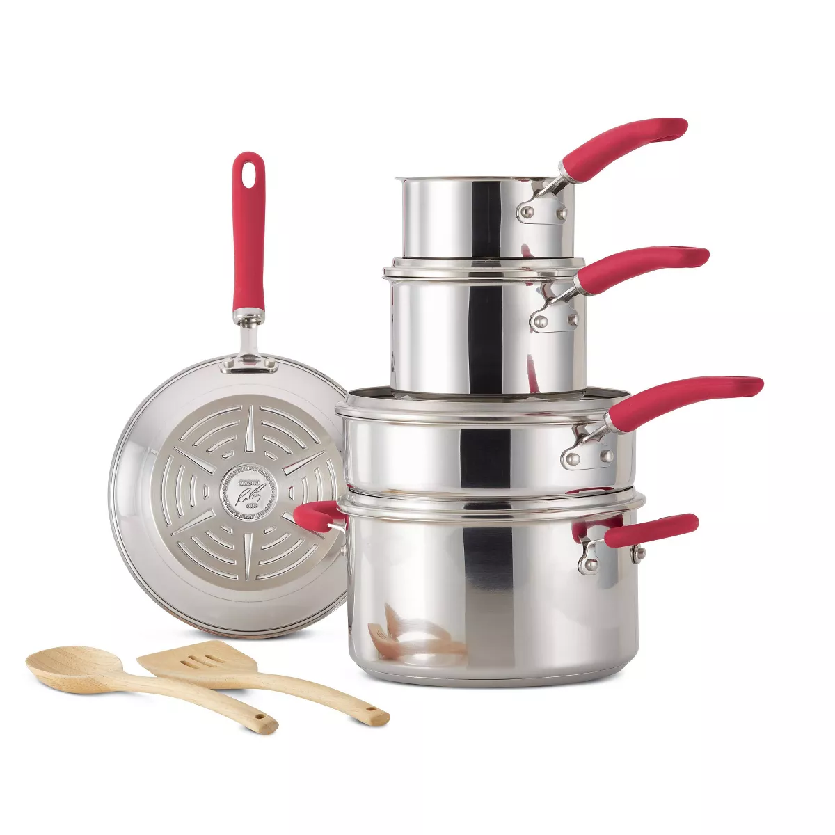 Rachael Ray 10pc Create Delicious Stainless Steel Cookware Set Red Handles
