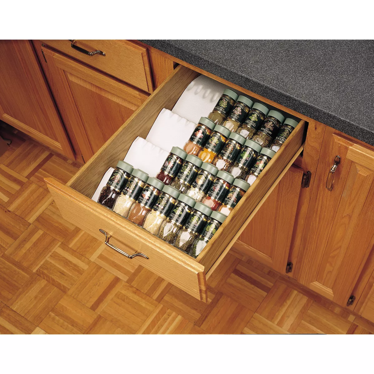 Rev-A-Shelf ST50-21W-52 Trimmable Universal Polymer Kitchen Spice Cabinet Drawer Organizer Insert Tray with Tiered Configuration, White