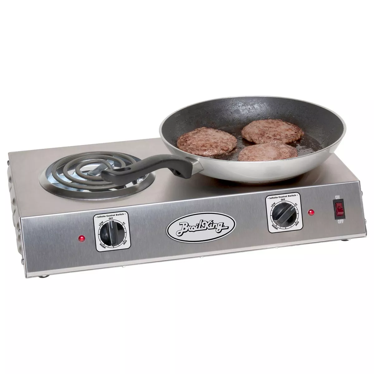 BroilKing CDR-1TB Stainless Steel 1650 Watt Tubular Heating Element Dual Burner Hot Plate with Infinite Heat Control Knobs and Power Lights