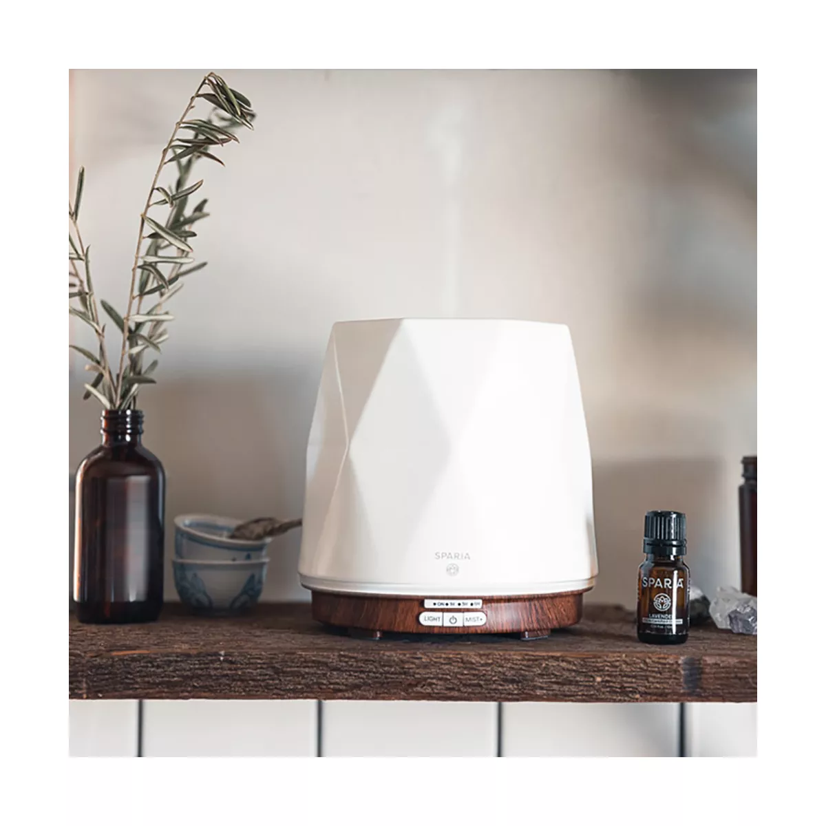 Sparia Stylish 300ml Ceramic Ultrasonic Aromatherapy Electric Essential Oils Diffuser, Matte White with Wood Grain Pattern Base