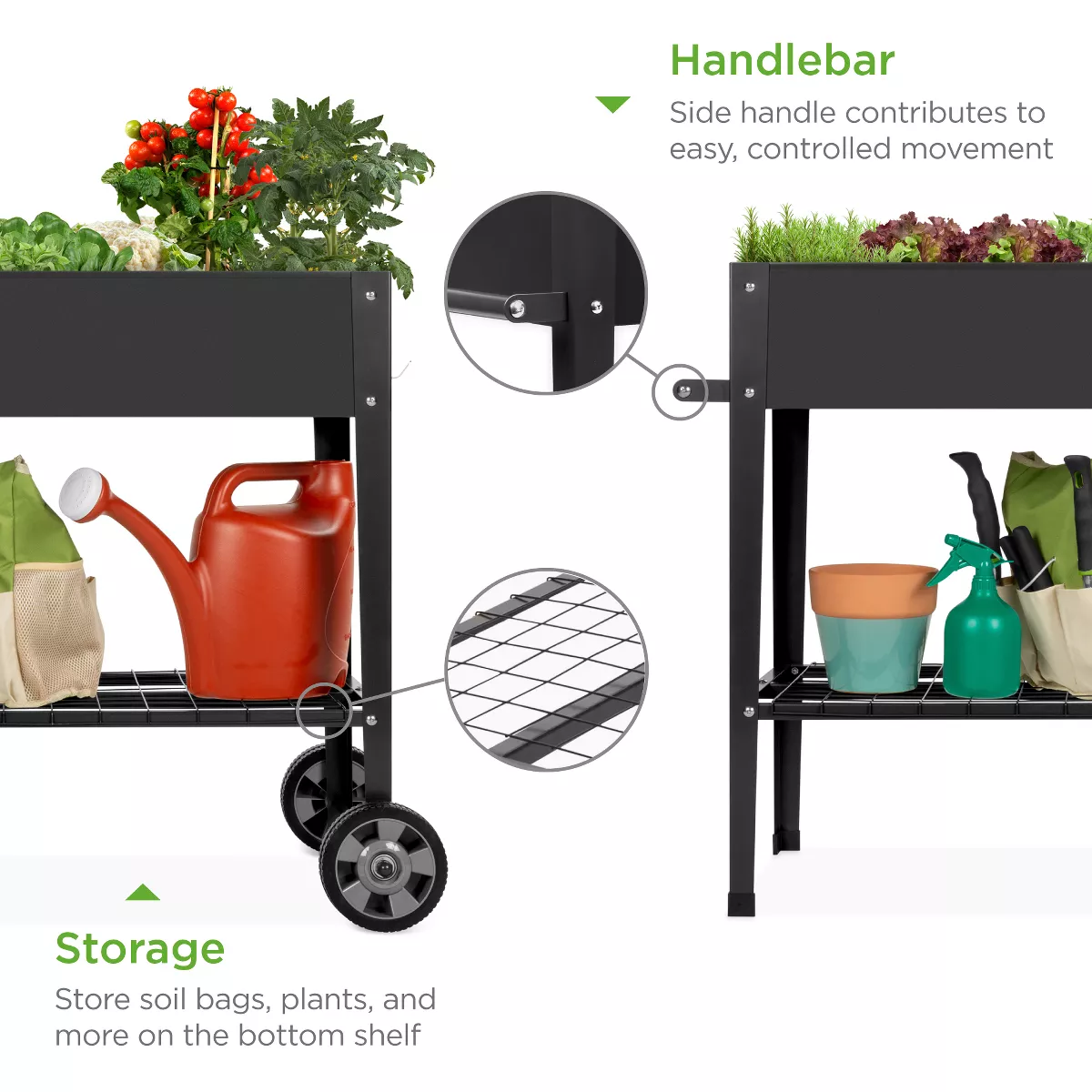 Best Choice Products Mobile Raised Ergonomic Metal Planter Garden Bed w/Wheels, Lower Shelf, 38x16x32in, Dark Gray